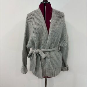 ZARA Woman Gray Lightweight Wool Cardigan Tie Belt Long Sleeve size M